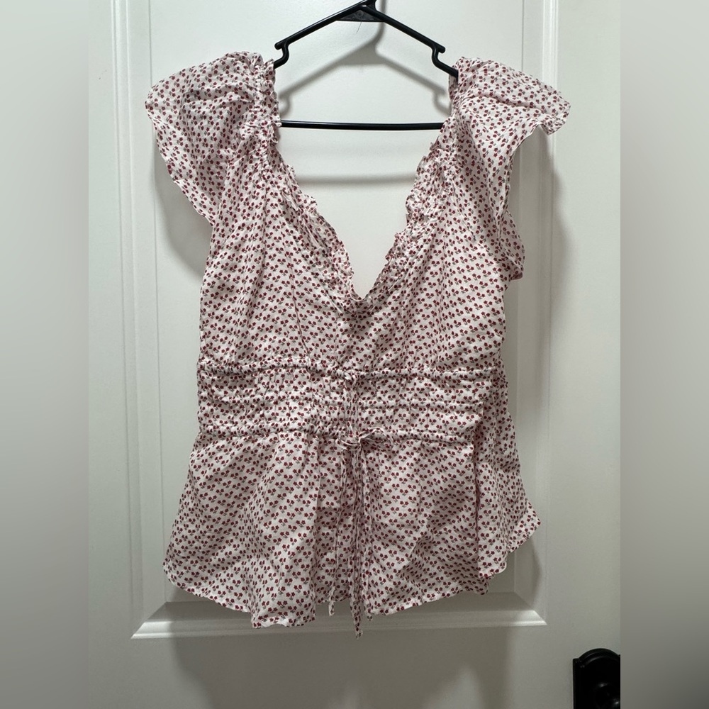 J. Crew Red and White Floral Ruffle Blouse